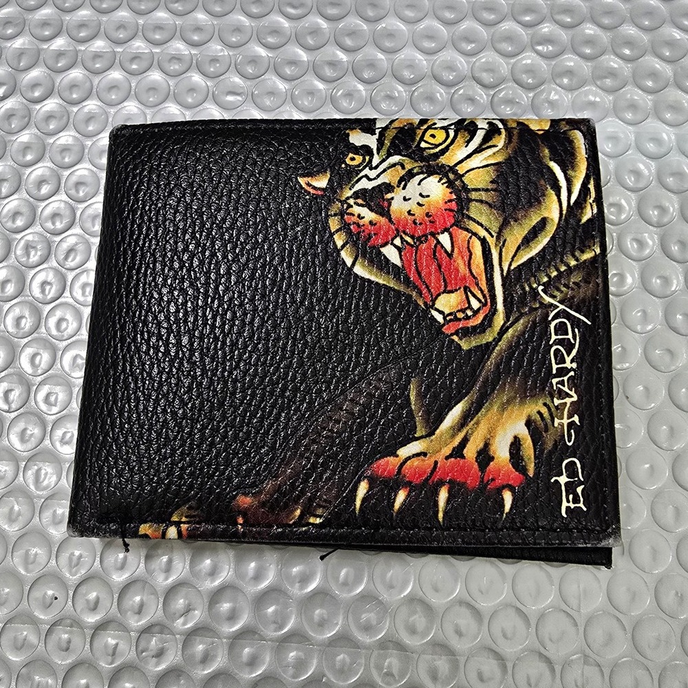 Ed Hardy Men's Black Bifold Wallet Tiger Graphic ID Window Y2K Inspired